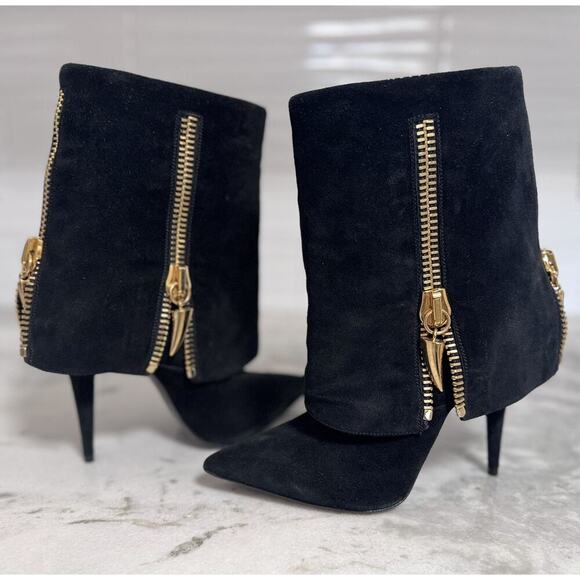 Giuseppe Zanotti Shoes - Giuseppe Zanotti Black Suede Mid Calf Zipper Heel Boots Size 38.5